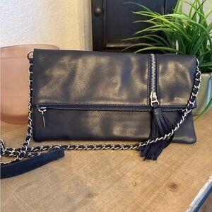 Versado Navy Leather Fold-Over Crossbody Clutch with Tassel & Chain Strap